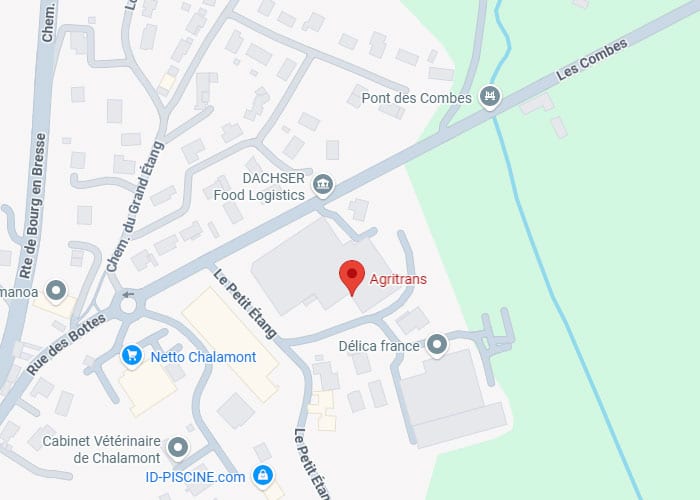 Plan Agritrans Chalamont : Accès Netto et Commerces Carte de Chalamont situant Agritrans, Netto, DACHSER et Délica france.